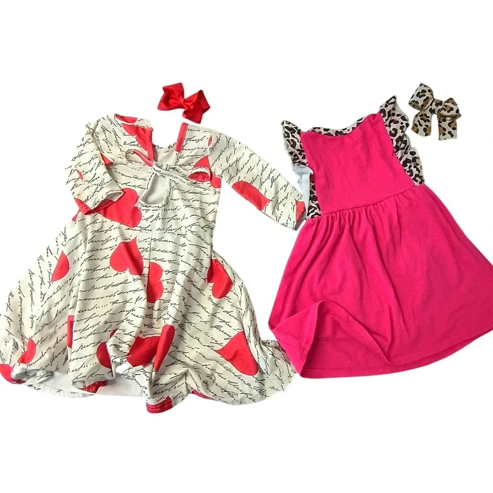 BMG Toddler Girls Valentine Heart & Leopard Print Dress‎ Set with Bows 2T 3T